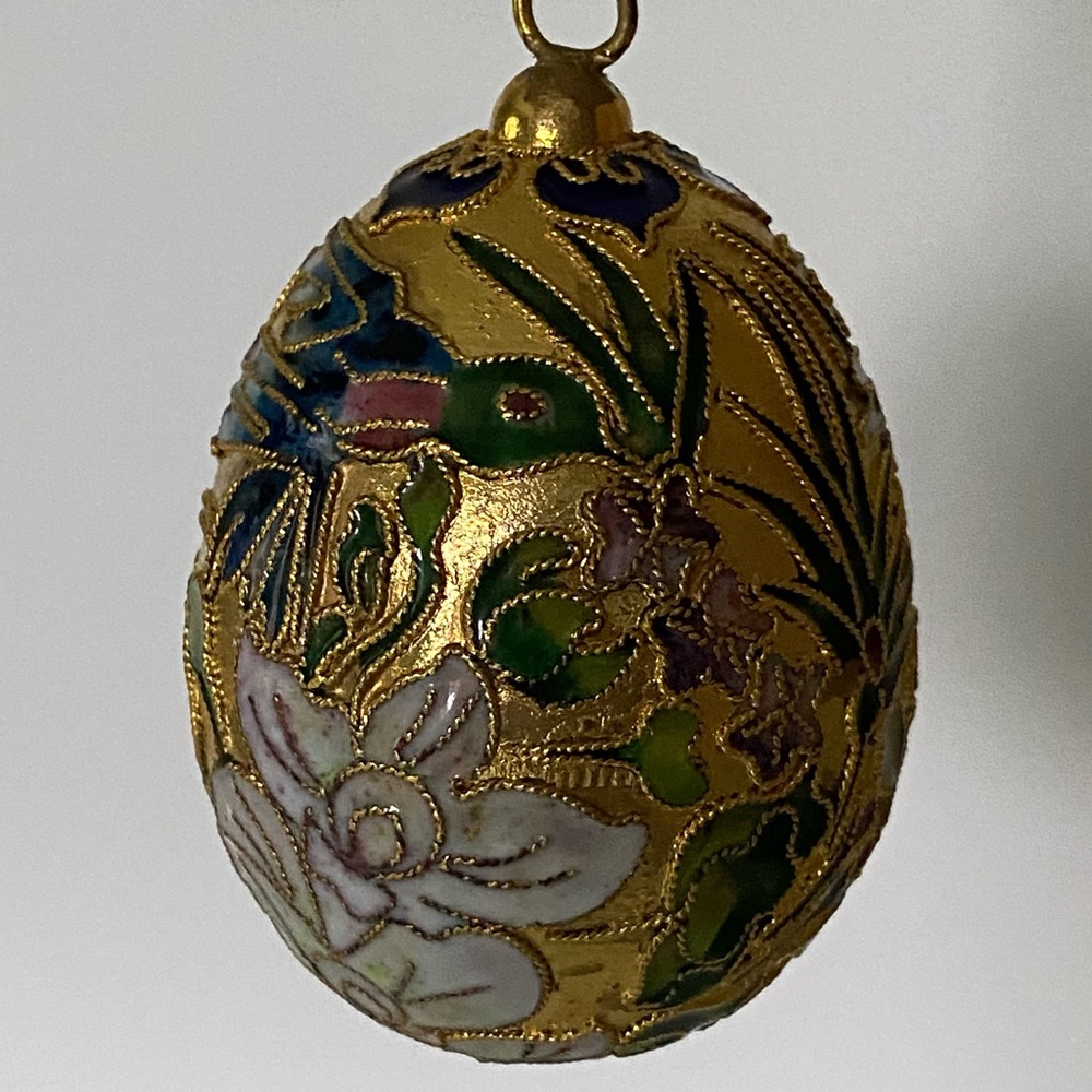 Cloisonné Enameled Egg Ornament Hummingbird Flowers Gold Birds Christmas EUC
